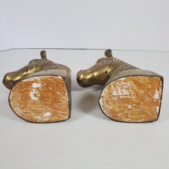 Vintage Brass Zebra Head Bookends Heavy Safari Animal Figurine Pair Mid Century - Picture 8 of 12
